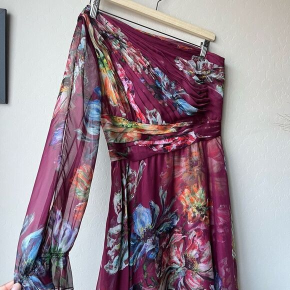 Marchesa Notte Burgundy Floral Print One Shoulder Chiffon‎ Midi Dress Size 2 - Picture 3 of 14